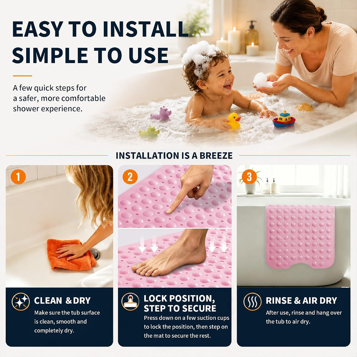 Non Slip Bath Mat for Tub 40x16, Extra Long Bath Tub Mat, Pink