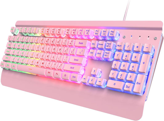 Pink Creamy Keyboard Gaming, 104 Keys All-Metal, USB Wired, Backlit Silent