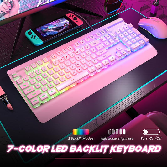 Pink Creamy Keyboard Gaming, 104 Keys All-Metal, USB Wired, Backlit Silent
