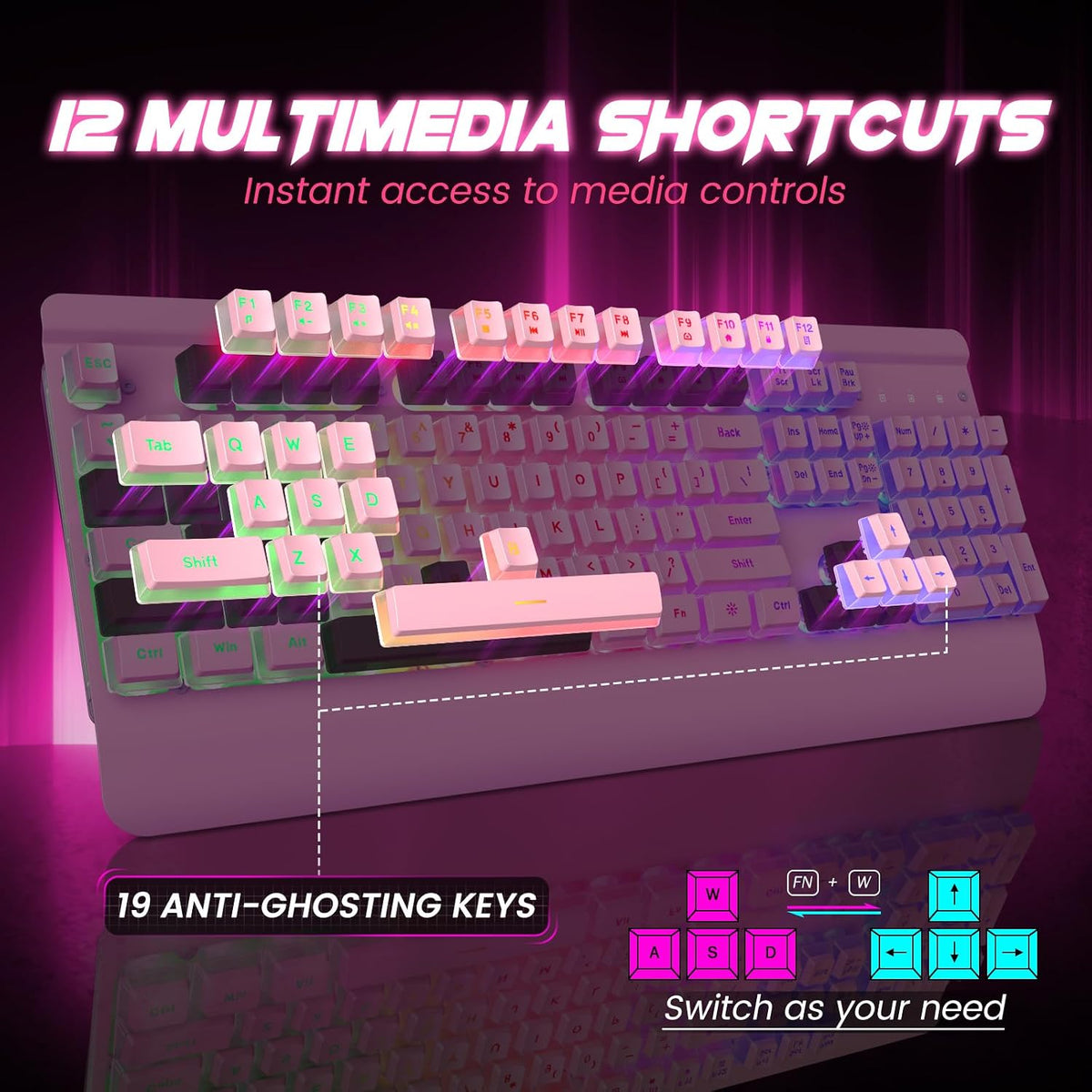 Pink Creamy Keyboard Gaming, 104 Keys All-Metal, USB Wired, Backlit Silent