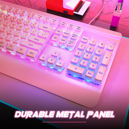 Pink Creamy Keyboard Gaming, 104 Keys All-Metal, USB Wired, Backlit Silent