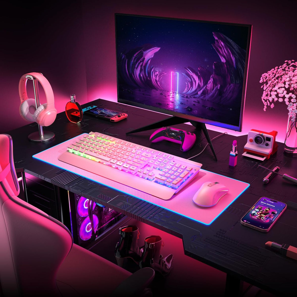 Pink Creamy Keyboard Gaming, 104 Keys All-Metal, USB Wired, Backlit Silent