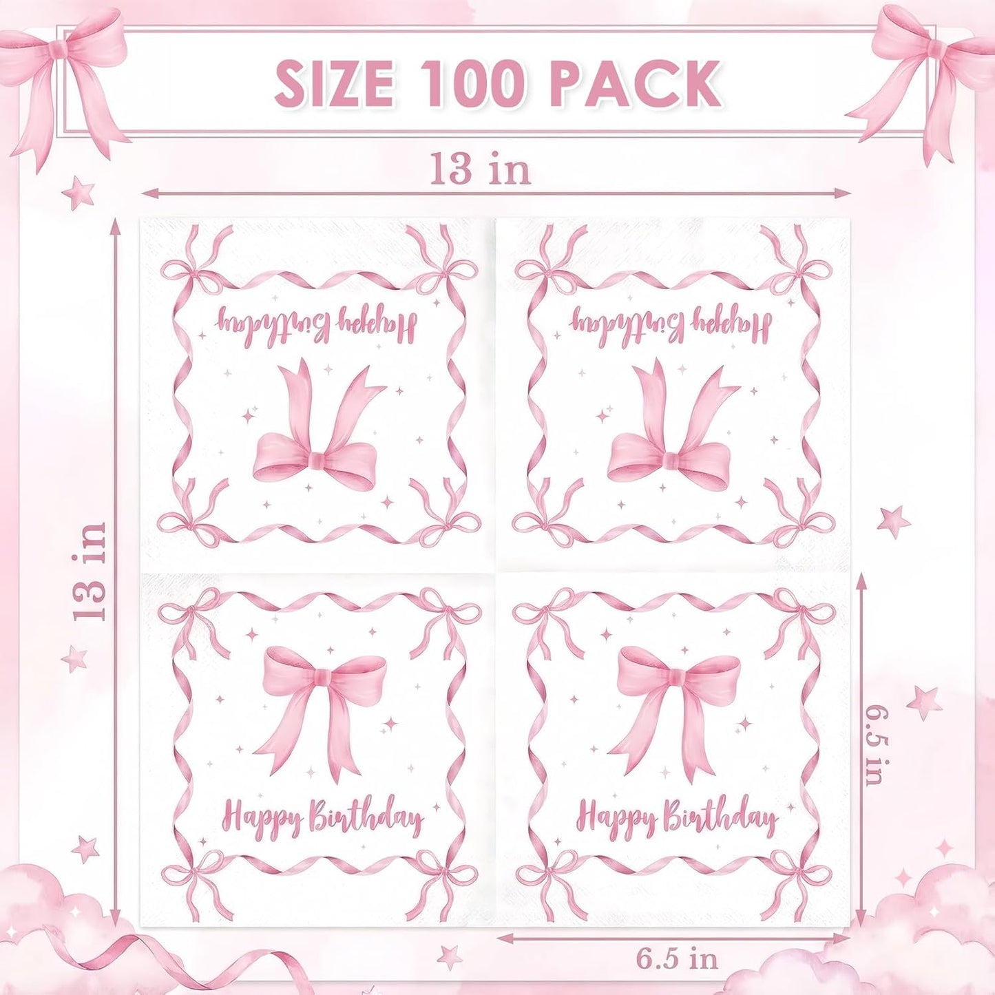100 Pcs Pink Bow Party Napkins 2 Ply Disposable Paper Napkins for Coquette Themed Party Decorations for Kids Girls Home Kitchen Birthday Party Supplies, 6.5 x 6.5 Inch