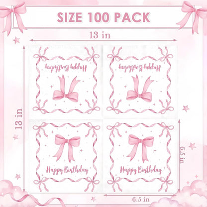 100 Pcs Pink Bow Party Napkins 2 Ply Disposable Paper Napkins for Coquette Themed Party Decorations for Kids Girls Home Kitchen Birthday Party Supplies, 6.5 x 6.5 Inch