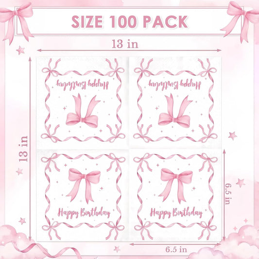 100 Pcs Pink Bow Party Napkins 2 Ply Disposable Paper Napkins for Coquette Themed Party Decorations for Kids Girls Home Kitchen Birthday Party Supplies, 6.5 x 6.5 Inch