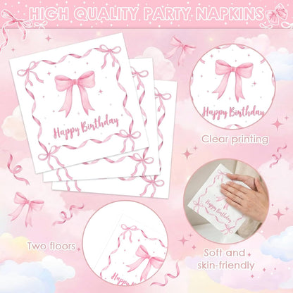 100 Pcs Pink Bow Party Napkins 2 Ply Disposable Paper Napkins for Coquette Themed Party Decorations for Kids Girls Home Kitchen Birthday Party Supplies, 6.5 x 6.5 Inch
