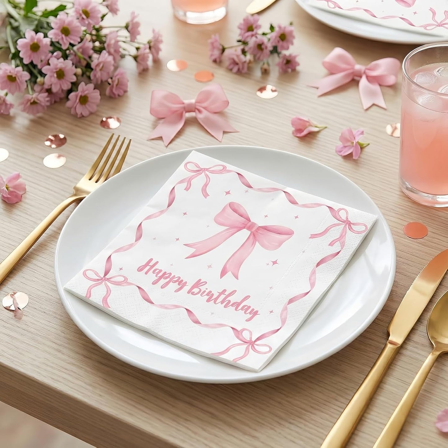 100 Pcs Pink Bow Party Napkins 2 Ply Disposable Paper Napkins for Coquette Themed Party Decorations for Kids Girls Home Kitchen Birthday Party Supplies, 6.5 x 6.5 Inch