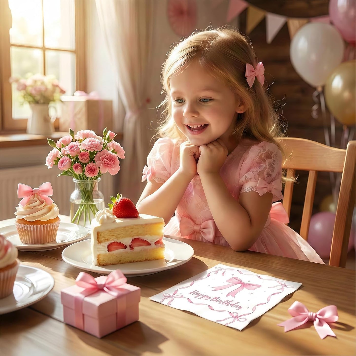 100 Pcs Pink Bow Party Napkins 2 Ply Disposable Paper Napkins for Coquette Themed Party Decorations for Kids Girls Home Kitchen Birthday Party Supplies, 6.5 x 6.5 Inch