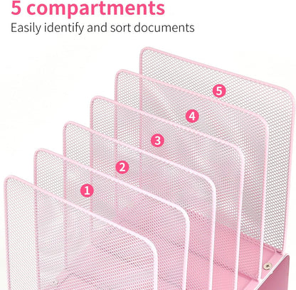 LEKETREE File Organizer for Desk, Desk Organizer with 5-Section Vertical File Rack, Folder Organizer,Workspace Organizers (Pink)