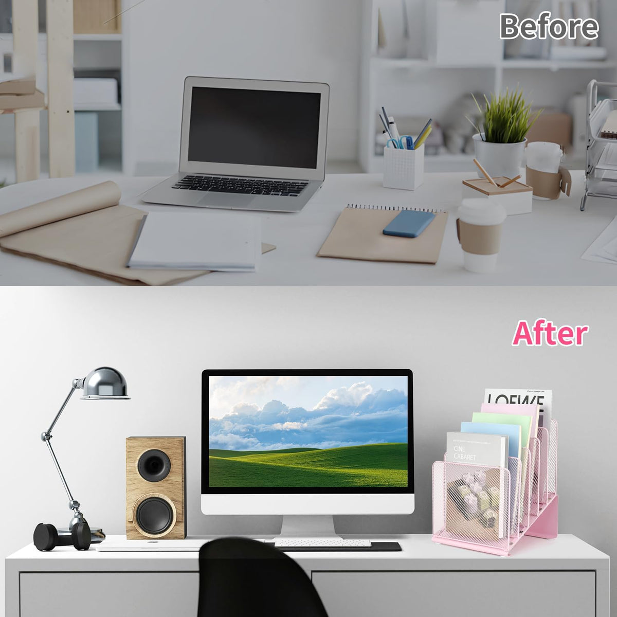 LEKETREE File Organizer for Desk, Desk Organizer with 5-Section Vertical File Rack, Folder Organizer,Workspace Organizers (Pink)