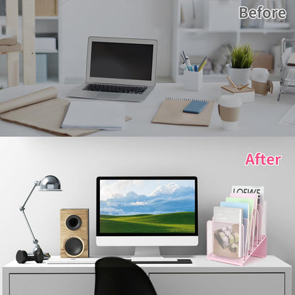 LEKETREE File Organizer for Desk, Desk Organizer with 5-Section Vertical File Rack, Folder Organizer,Workspace Organizers (Pink)