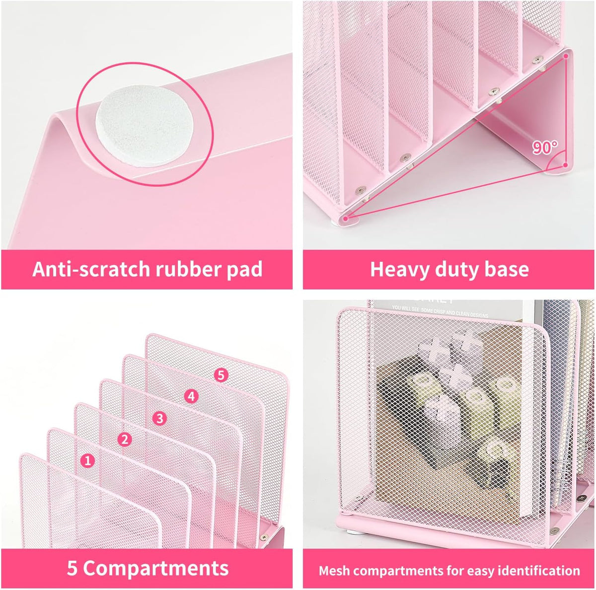 LEKETREE File Organizer for Desk, Desk Organizer with 5-Section Vertical File Rack, Folder Organizer,Workspace Organizers (Pink)