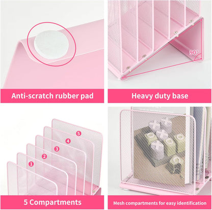 LEKETREE File Organizer for Desk, Desk Organizer with 5-Section Vertical File Rack, Folder Organizer,Workspace Organizers (Pink)
