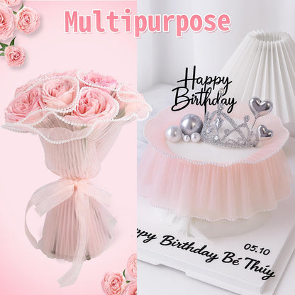 Upgraded Flower Wrapping Paper Bouquet Wrapping Paper with Pearl Edge,Pink Wrinkled Translucent Lace Mesh Florist Floral Paper Waterproof Bouquet Paper Wrap for Mother's Day Valentine's Day Wedding Gift Packaging