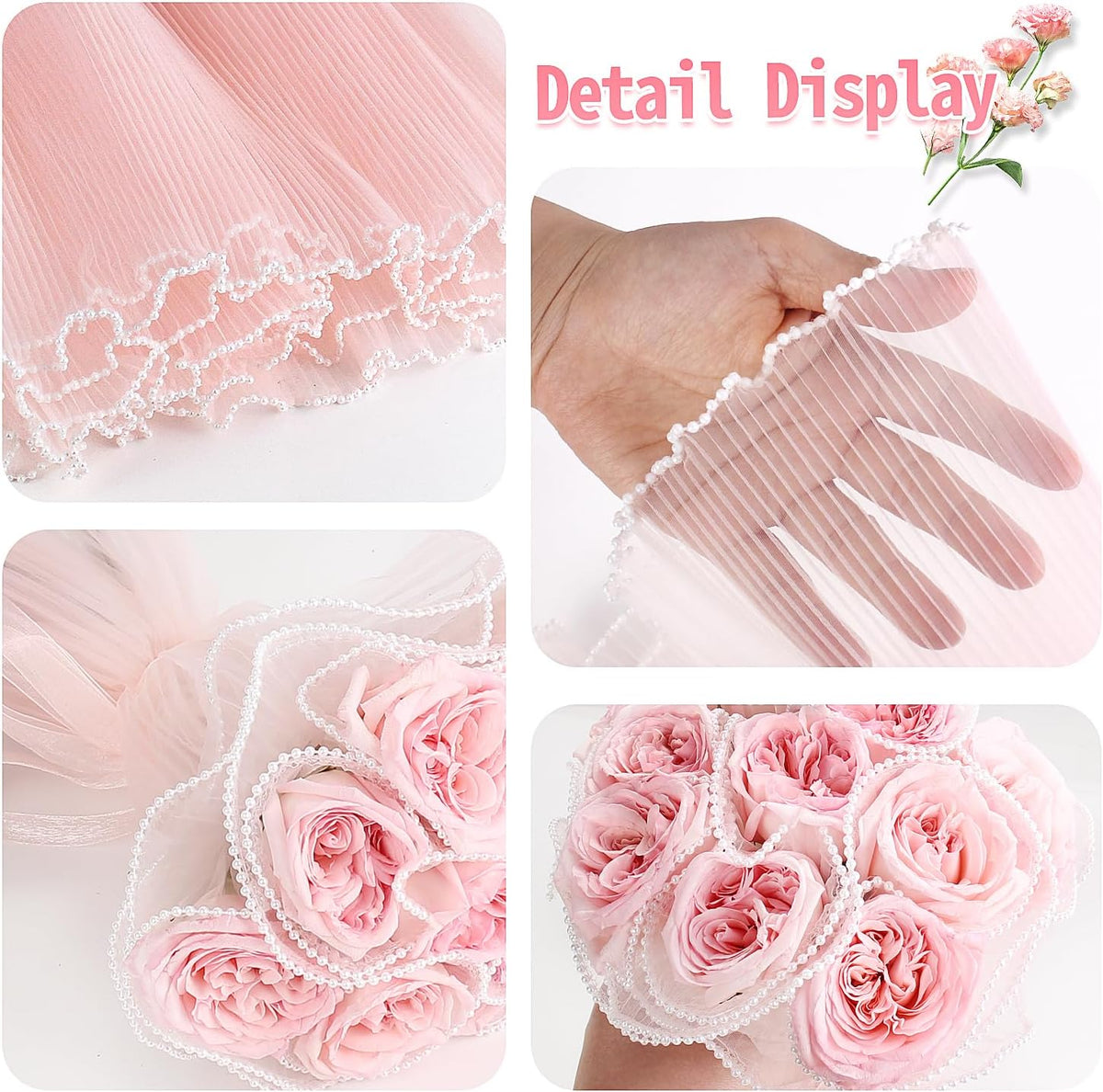 Upgraded Flower Wrapping Paper Bouquet Wrapping Paper with Pearl Edge,Pink Wrinkled Translucent Lace Mesh Florist Floral Paper Waterproof Bouquet Paper Wrap for Mother's Day Valentine's Day Wedding Gift Packaging