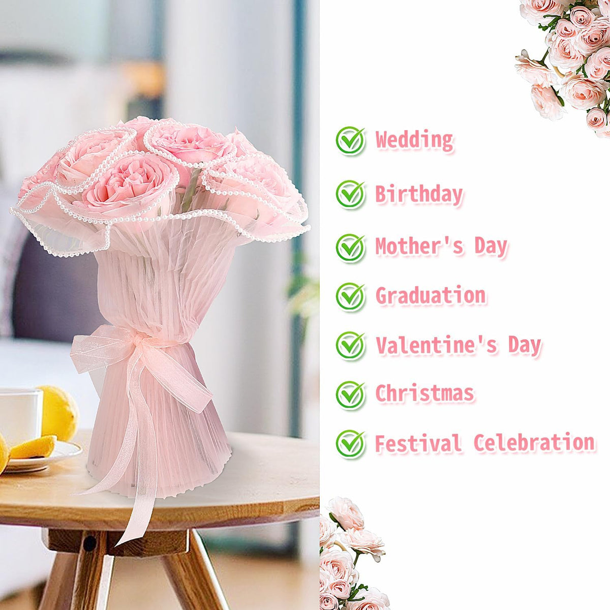 Upgraded Flower Wrapping Paper Bouquet Wrapping Paper with Pearl Edge,Pink Wrinkled Translucent Lace Mesh Florist Floral Paper Waterproof Bouquet Paper Wrap for Mother's Day Valentine's Day Wedding Gift Packaging
