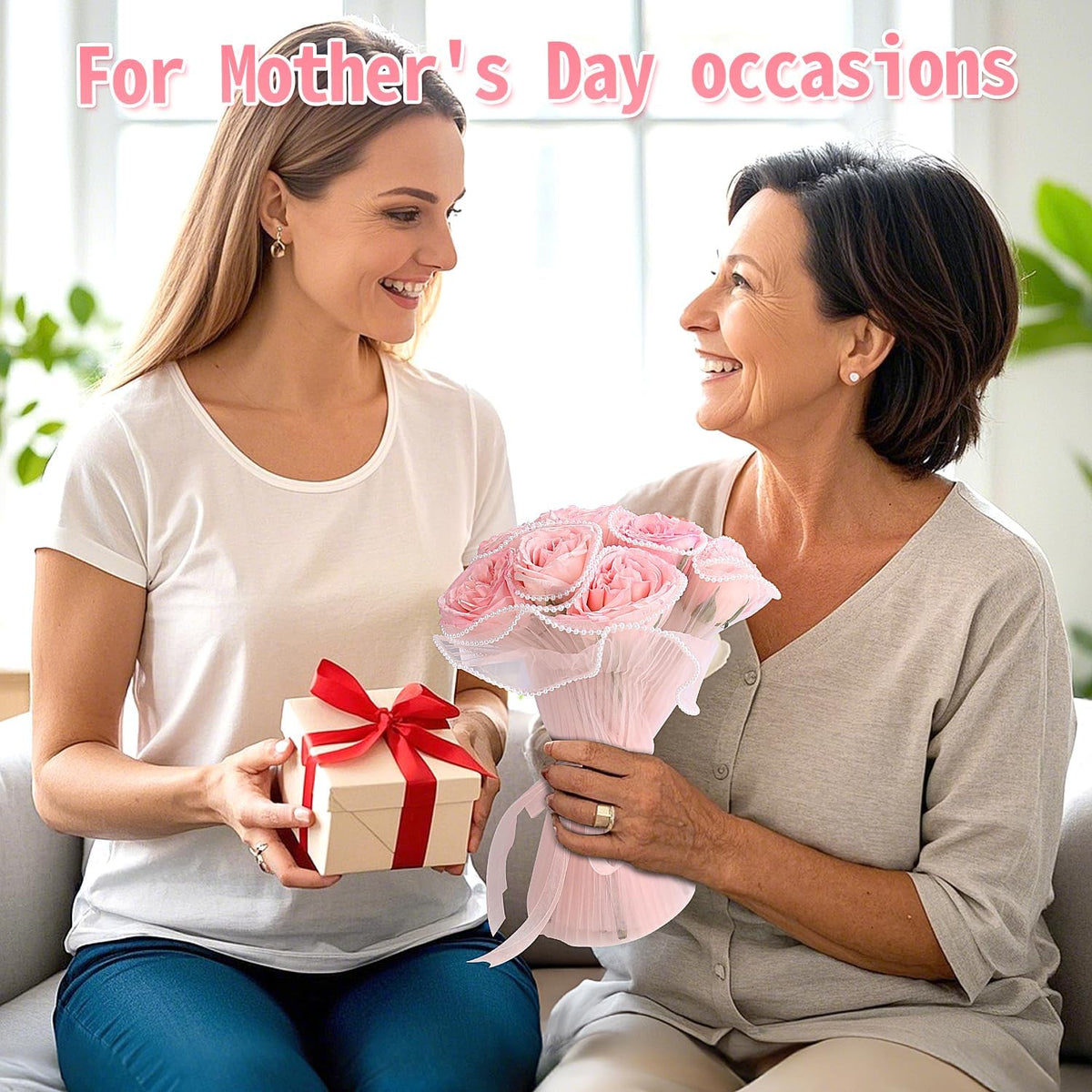 Upgraded Flower Wrapping Paper Bouquet Wrapping Paper with Pearl Edge,Pink Wrinkled Translucent Lace Mesh Florist Floral Paper Waterproof Bouquet Paper Wrap for Mother's Day Valentine's Day Wedding Gift Packaging