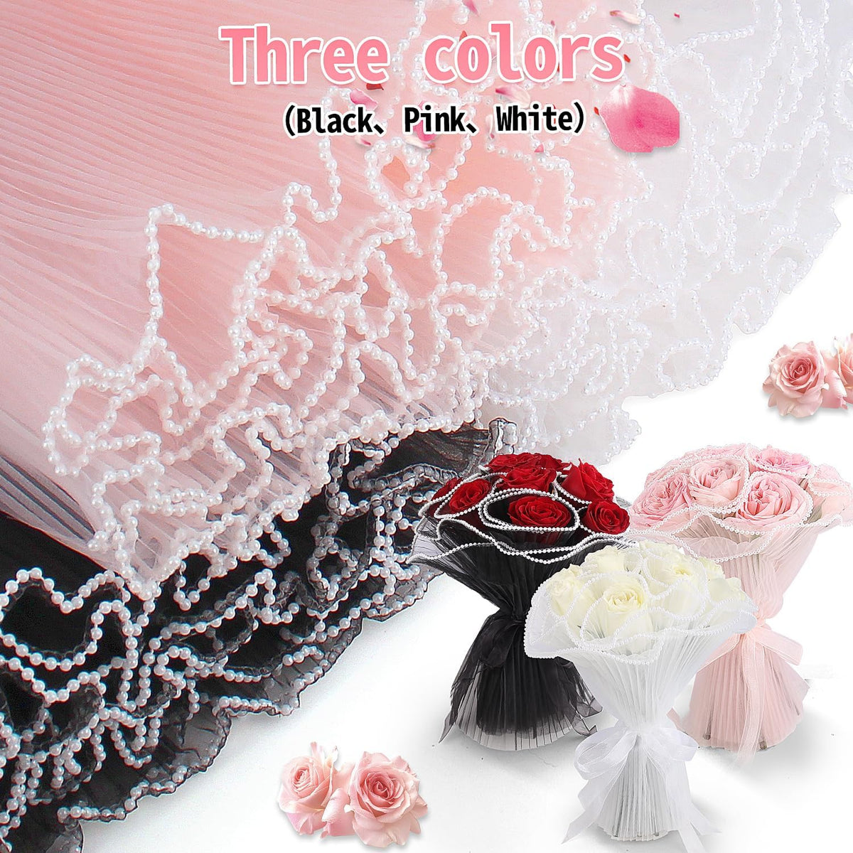Upgraded Flower Wrapping Paper Bouquet Wrapping Paper with Pearl Edge,Pink Wrinkled Translucent Lace Mesh Florist Floral Paper Waterproof Bouquet Paper Wrap for Mother's Day Valentine's Day Wedding Gift Packaging