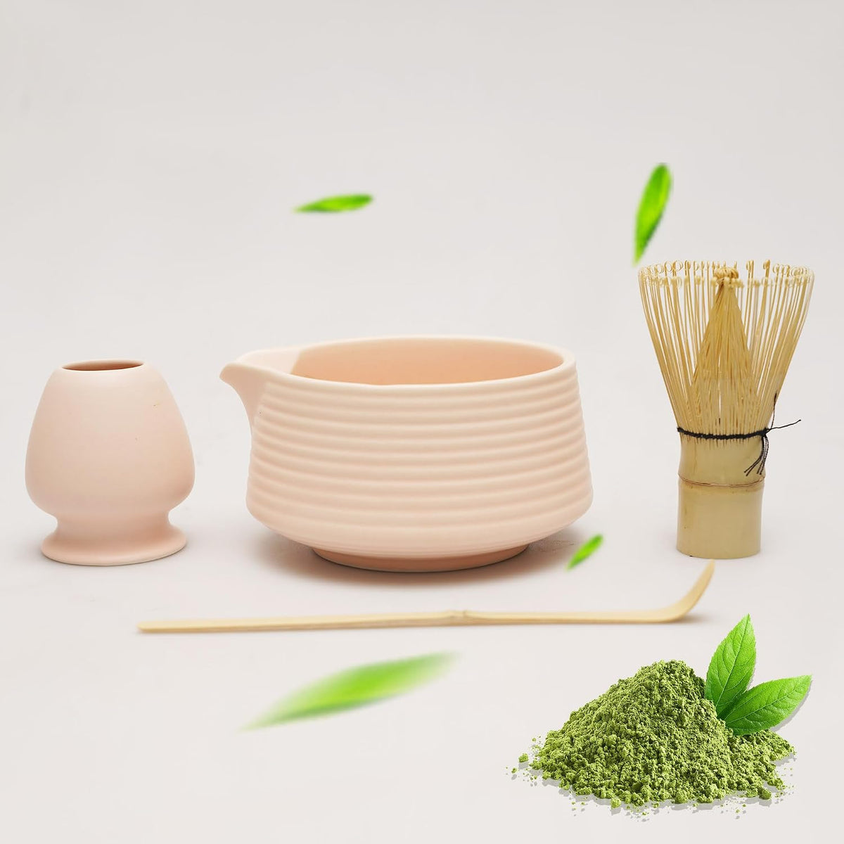 Matcha Set - 4-Piece Matcha Whisk Set Includes Matcha Bowl with Spout, Matcha Whisk, Scoop & Holder, Ideal for Matcha Tea Ceremony & Matcha Latte (Matte Pink)