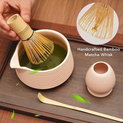 Matcha Set - 4-Piece Matcha Whisk Set Includes Matcha Bowl with Spout, Matcha Whisk, Scoop & Holder, Ideal for Matcha Tea Ceremony & Matcha Latte (Matte Pink)