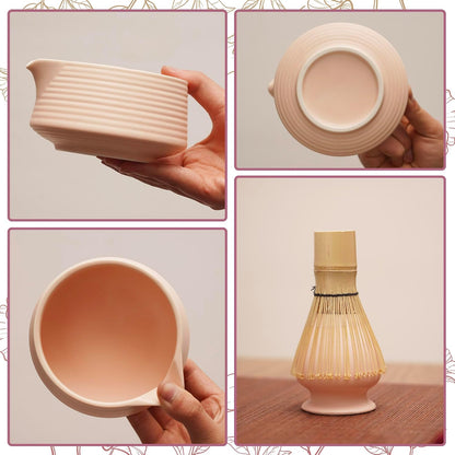 Matcha Set - 4-Piece Matcha Whisk Set Includes Matcha Bowl with Spout, Matcha Whisk, Scoop & Holder, Ideal for Matcha Tea Ceremony & Matcha Latte (Matte Pink)