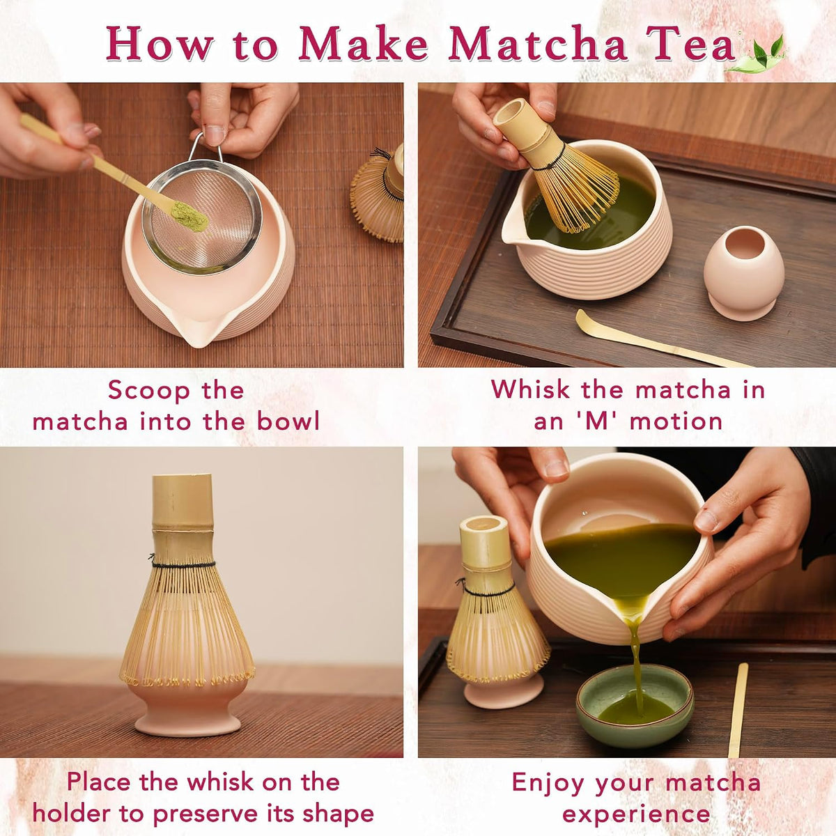 Matcha Set - 4-Piece Matcha Whisk Set Includes Matcha Bowl with Spout, Matcha Whisk, Scoop & Holder, Ideal for Matcha Tea Ceremony & Matcha Latte (Matte Pink)