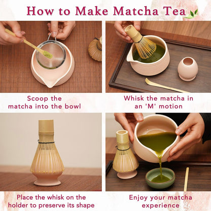 Matcha Set - 4-Piece Matcha Whisk Set Includes Matcha Bowl with Spout, Matcha Whisk, Scoop & Holder, Ideal for Matcha Tea Ceremony & Matcha Latte (Matte Pink)