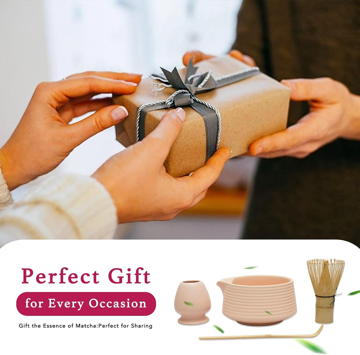 Matcha Set - 4-Piece Matcha Whisk Set Includes Matcha Bowl with Spout, Matcha Whisk, Scoop & Holder, Ideal for Matcha Tea Ceremony & Matcha Latte (Matte Pink)