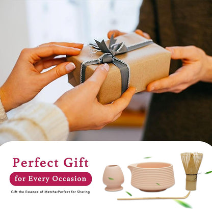 Matcha Set - 4-Piece Matcha Whisk Set Includes Matcha Bowl with Spout, Matcha Whisk, Scoop & Holder, Ideal for Matcha Tea Ceremony & Matcha Latte (Matte Pink)