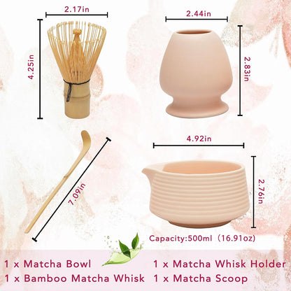 Matcha Set - 4-Piece Matcha Whisk Set Includes Matcha Bowl with Spout, Matcha Whisk, Scoop & Holder, Ideal for Matcha Tea Ceremony & Matcha Latte (Matte Pink)