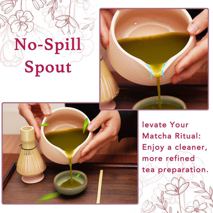 Matcha Set - 4-Piece Matcha Whisk Set Includes Matcha Bowl with Spout, Matcha Whisk, Scoop & Holder, Ideal for Matcha Tea Ceremony & Matcha Latte (Matte Pink)