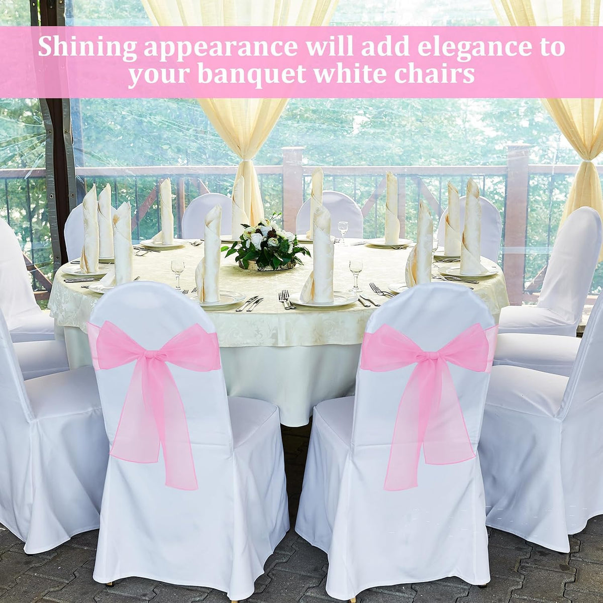 10PCS Pink Chair Sashes, Organza Elegant Chair Bows Sheer Ribbon Tie Back Universal Chiffon Knots Ties for Wedding Banquet Party Decoration Classroom