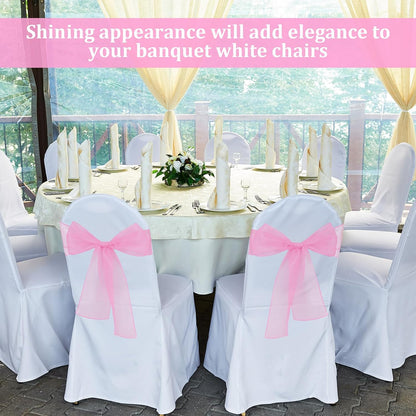 10PCS Pink Chair Sashes, Organza Elegant Chair Bows Sheer Ribbon Tie Back Universal Chiffon Knots Ties for Wedding Banquet Party Decoration Classroom