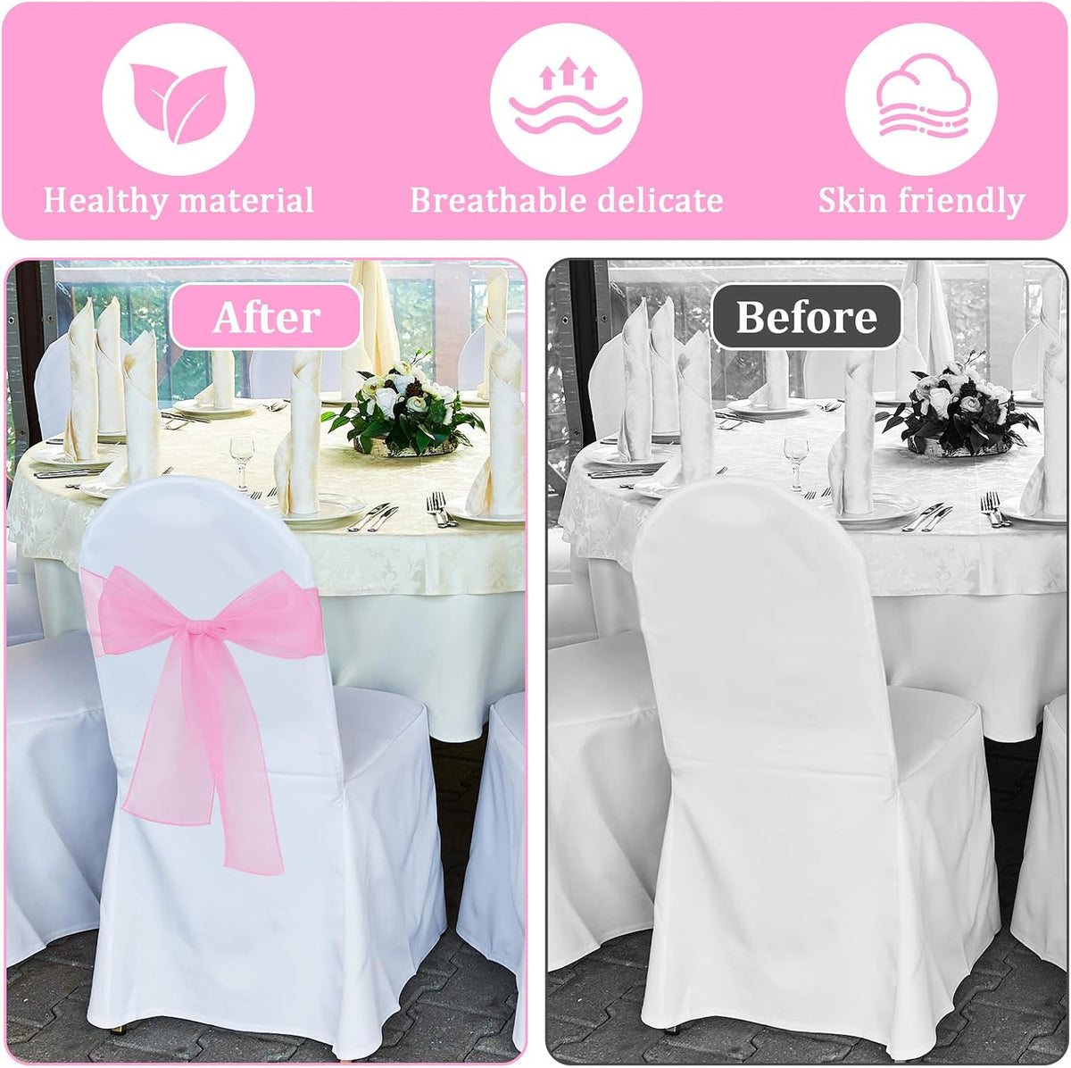 10PCS Pink Chair Sashes, Organza Elegant Chair Bows Sheer Ribbon Tie Back Universal Chiffon Knots Ties for Wedding Banquet Party Decoration Classroom