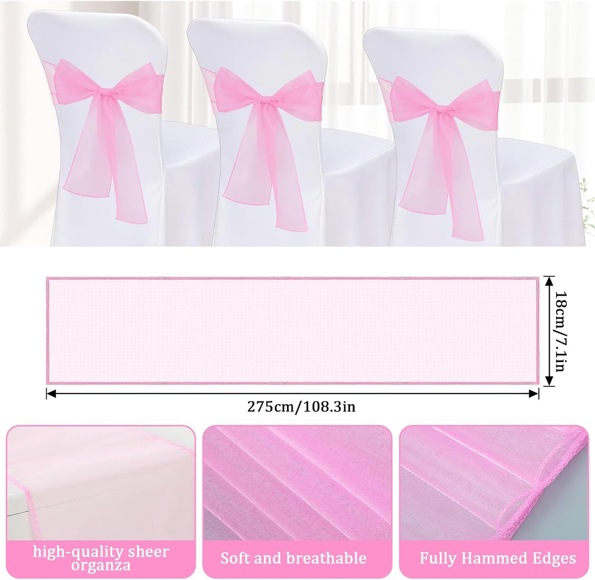 10PCS Pink Chair Sashes, Organza Elegant Chair Bows Sheer Ribbon Tie Back Universal Chiffon Knots Ties for Wedding Banquet Party Decoration Classroom