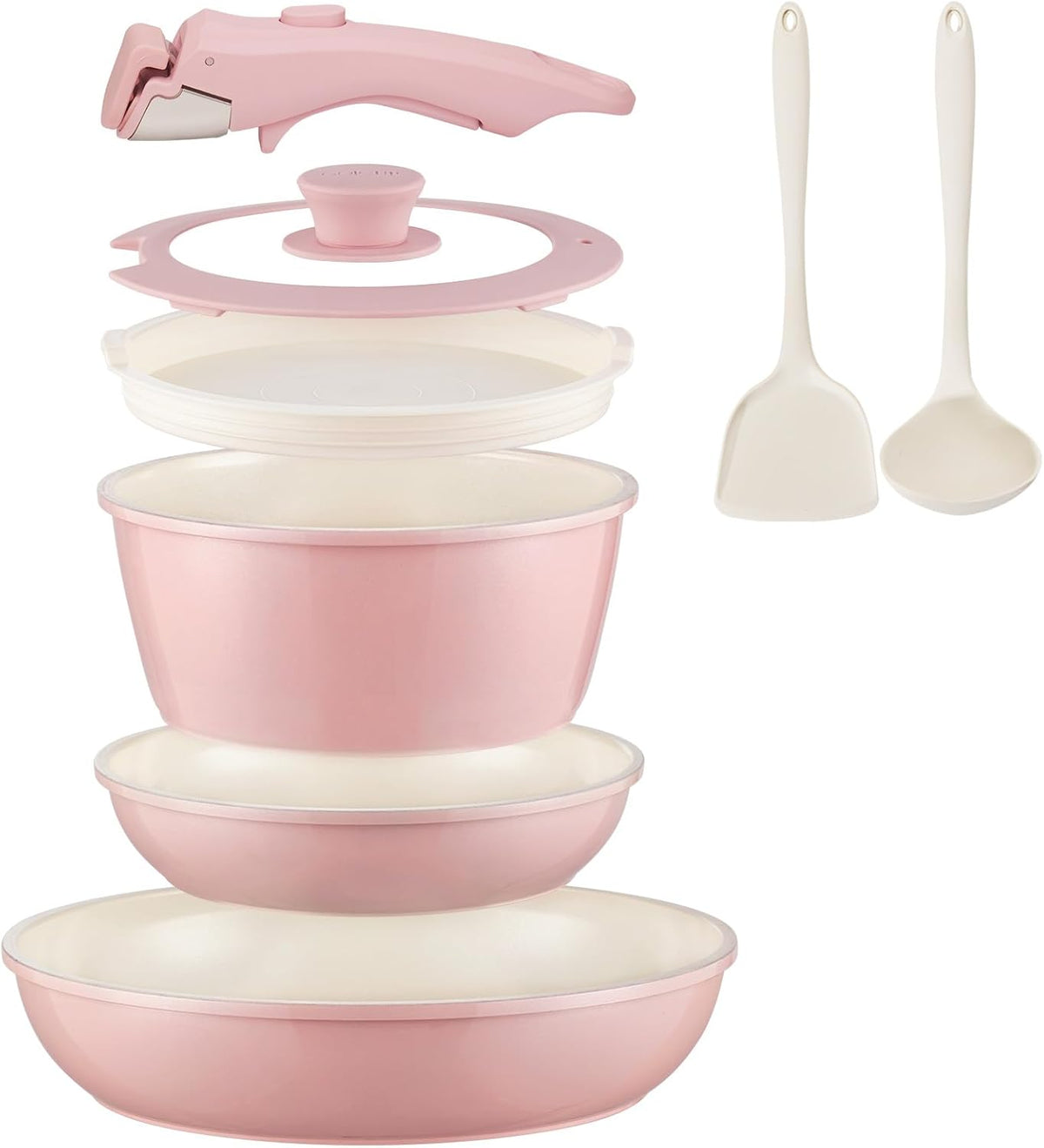 Ceramic Cookware Set Non Stick 8Pcs Pots and Pans Set Removable Handle Induction Kitchen Cookware Set with Frying Pans Oven Safe, Light Pink