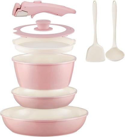 Ceramic Cookware Set Non Stick 8Pcs Pots and Pans Set Removable Handle Induction Kitchen Cookware Set with Frying Pans Oven Safe, Light Pink