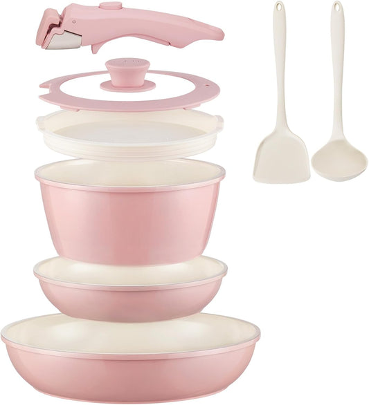 Ceramic Cookware Set Non Stick 8Pcs Pots and Pans Set Removable Handle Induction Kitchen Cookware Set with Frying Pans Oven Safe, Light Pink