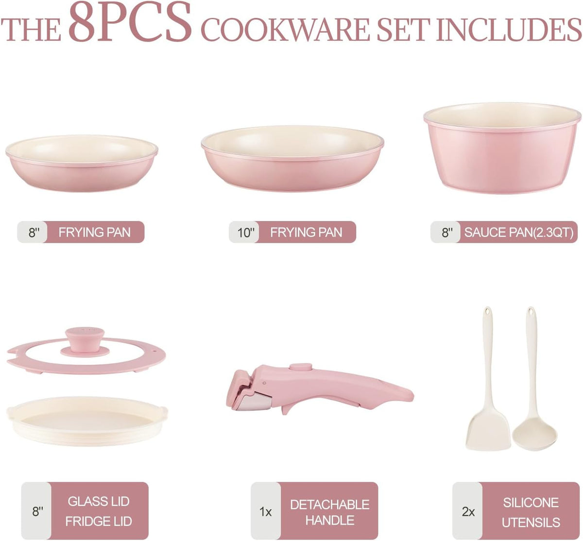 Ceramic Cookware Set Non Stick 8Pcs Pots and Pans Set Removable Handle Induction Kitchen Cookware Set with Frying Pans Oven Safe, Light Pink