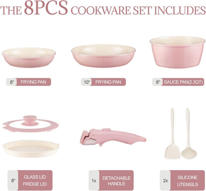 Ceramic Cookware Set Non Stick 8Pcs Pots and Pans Set Removable Handle Induction Kitchen Cookware Set with Frying Pans Oven Safe, Light Pink