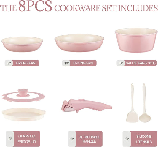 Ceramic Cookware Set Non Stick 8Pcs Pots and Pans Set Removable Handle Induction Kitchen Cookware Set with Frying Pans Oven Safe, Light Pink