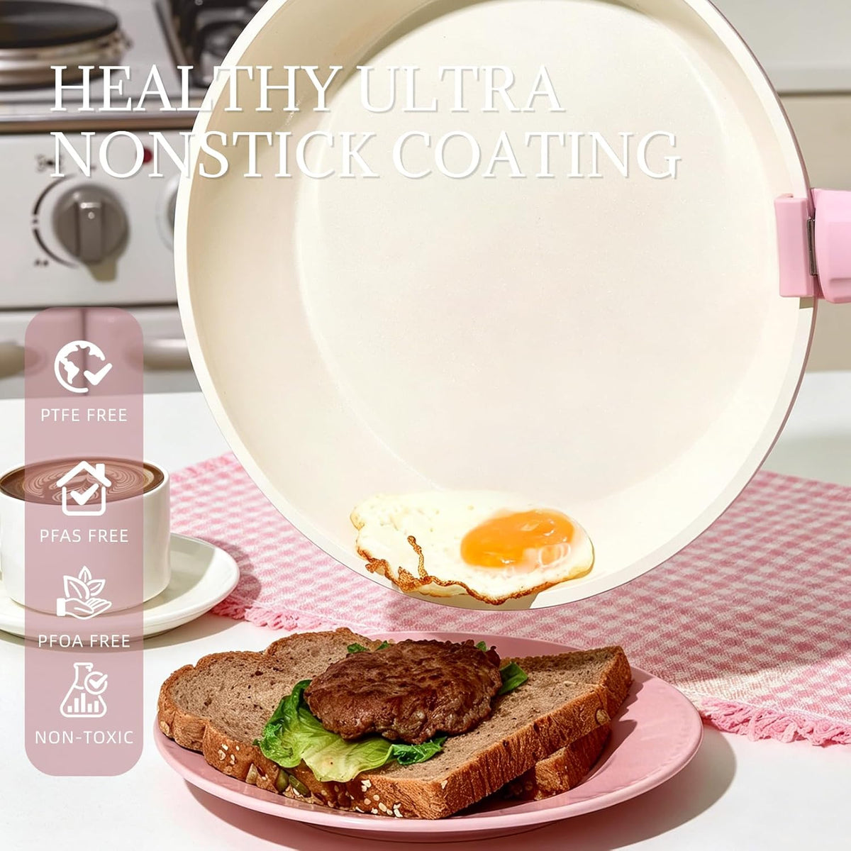 Ceramic Cookware Set Non Stick 8Pcs Pots and Pans Set Removable Handle Induction Kitchen Cookware Set with Frying Pans Oven Safe, Light Pink