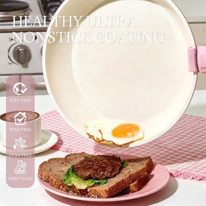 Ceramic Cookware Set Non Stick 8Pcs Pots and Pans Set Removable Handle Induction Kitchen Cookware Set with Frying Pans Oven Safe, Light Pink