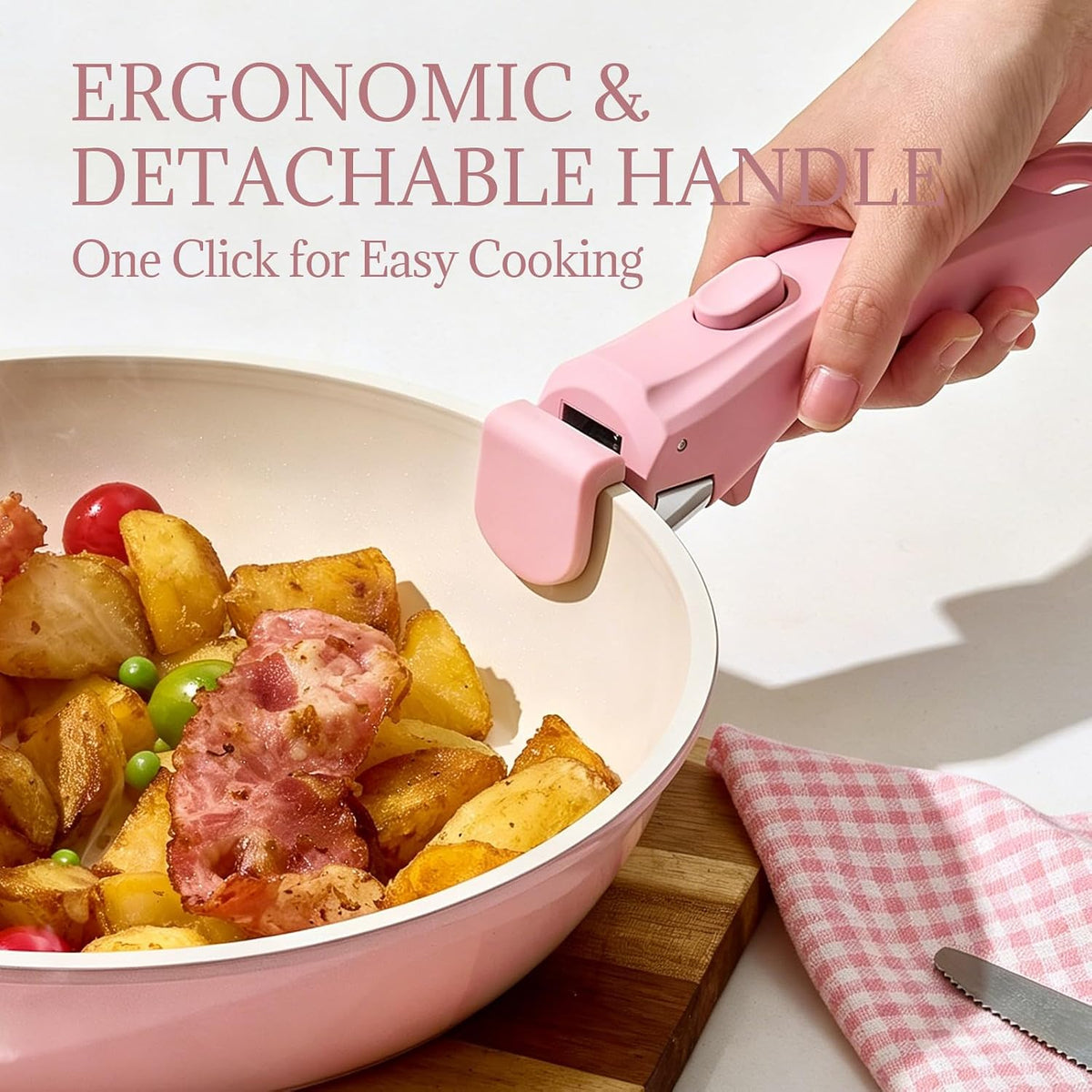 Ceramic Cookware Set Non Stick 8Pcs Pots and Pans Set Removable Handle Induction Kitchen Cookware Set with Frying Pans Oven Safe, Light Pink