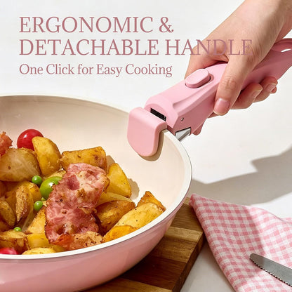 Ceramic Cookware Set Non Stick 8Pcs Pots and Pans Set Removable Handle Induction Kitchen Cookware Set with Frying Pans Oven Safe, Light Pink
