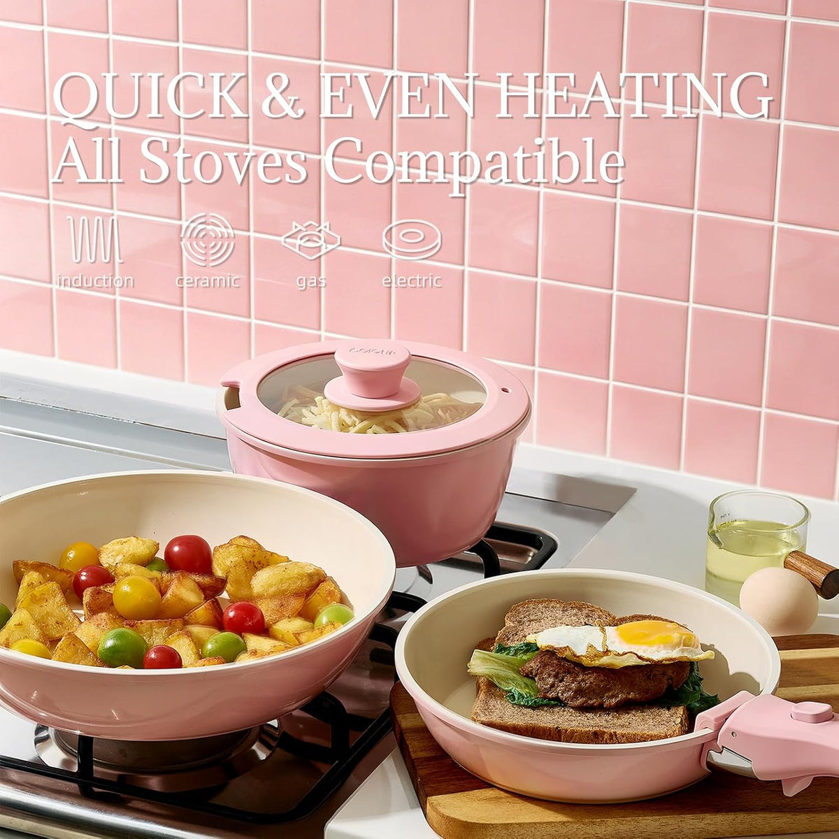 Ceramic Cookware Set Non Stick 8Pcs Pots and Pans Set Removable Handle Induction Kitchen Cookware Set with Frying Pans Oven Safe, Light Pink