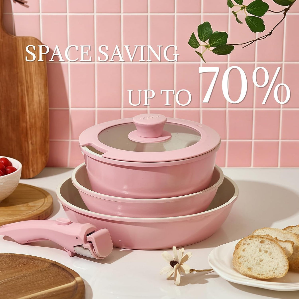 Ceramic Cookware Set Non Stick 8Pcs Pots and Pans Set Removable Handle Induction Kitchen Cookware Set with Frying Pans Oven Safe, Light Pink