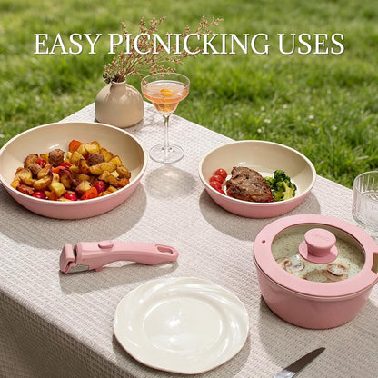Ceramic Cookware Set Non Stick 8Pcs Pots and Pans Set Removable Handle Induction Kitchen Cookware Set with Frying Pans Oven Safe, Light Pink