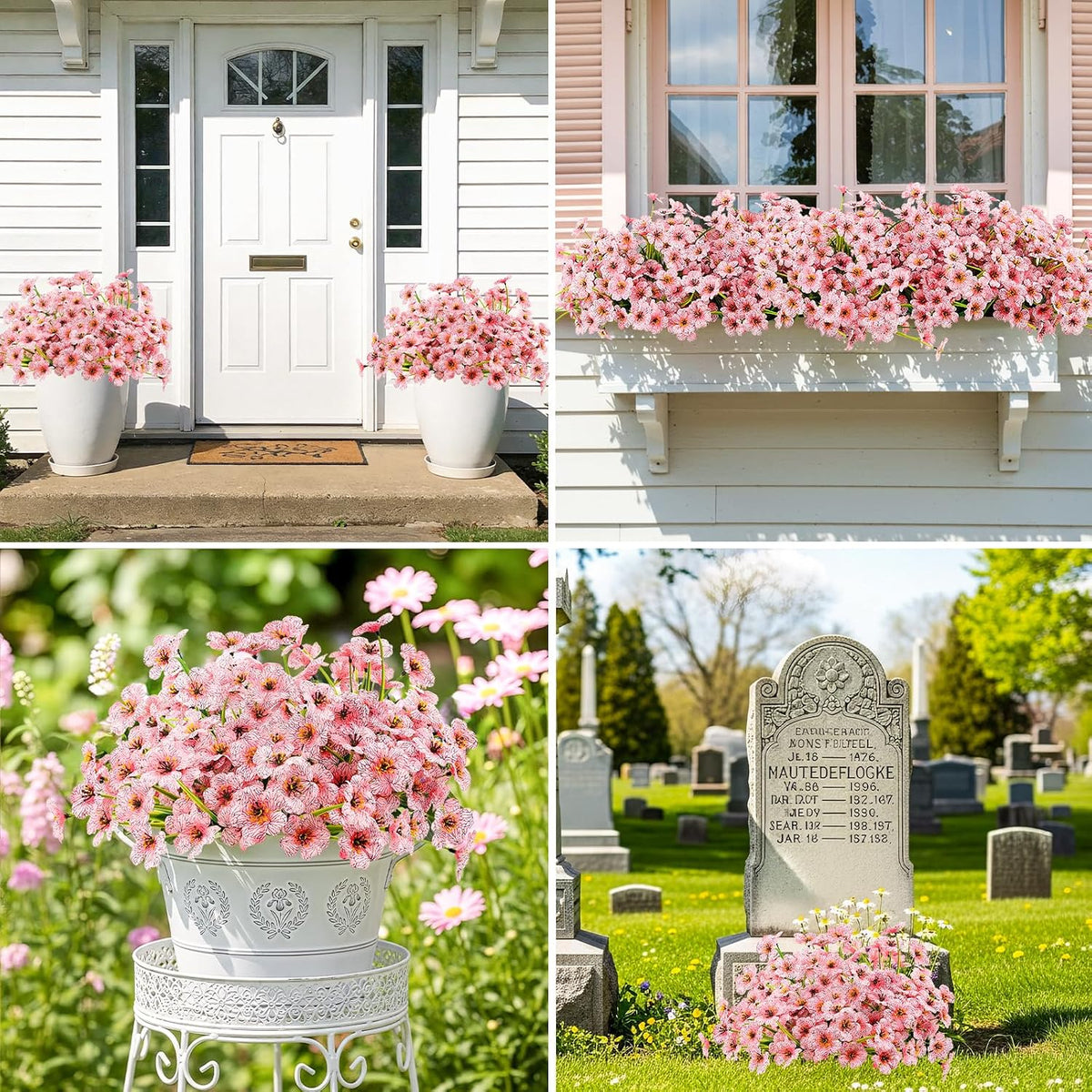 6 Bundles Pink Artificial Flowers for Outdoors, UV Resistant Faux Plants