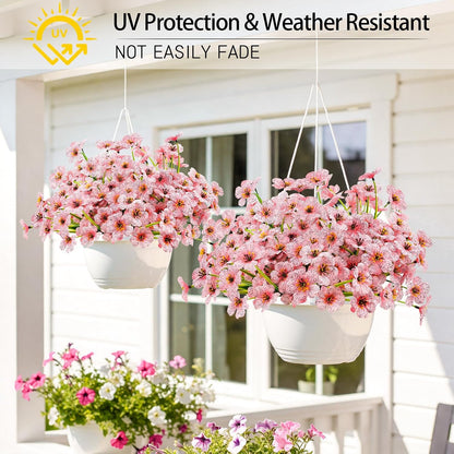 6 Bundles Pink Artificial Flowers for Outdoors, UV Resistant Faux Plants